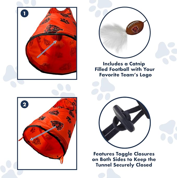 NFL Denver Broncos Cat Tunnel Tube Toy with Plush Football Catnip and Feathers Collapsible Tunnel for Cats to Play, Peek and Hide, Sporty & Fun Cat Tunnel Toy with Team Logo All-Over Design! - Image 6