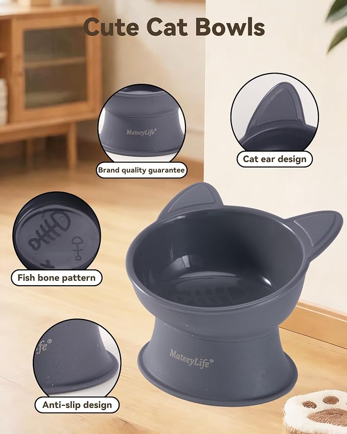 MateeyLife Raised Cat Bowls, Cat Food Bowl Elevated for Kittens & Small Dogs, 15°Tilted Protect Pets' Neck and Anti Vomiting, Whisker Friendly Food & Water Feeding Bowl, 6 oz Each - Gray - Image 5