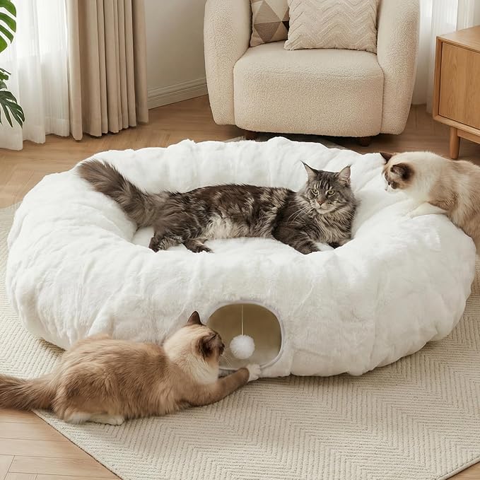 Extra Large Cat Tunnel, 47.2in Luxury Tunnel for Large Cats | Extra Long Bubble Fleece Big Cat Tunnel with Washable Mat, Skin-Friendly Large Tunnel for Cats, Puppy, Rabbits White by BUMUBI