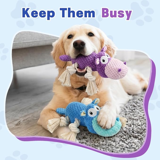 TOOPTATE 2-Pack Squeaky Hippo Dog Toys, Blue & Purple, Medium | Cute Plush Design, Rope Legs for Tugging, Helps Keep Dogs Busy, Suitable for Small, Medium, and Large Dogs - Image 4