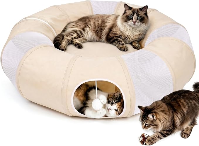 Ownpets Collapsible Cat Tunnel Toy - 2-in-1 Interactive Play Tunnel for Cat up to 18 lbs, Tear-Resistant Mesh, Fold to 2 Inches Thick, Portable Cat Exercise & Entertainment Tunnel, 12" Diameter, Khaki by Ownpets