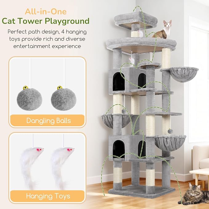 Globlazer Extra Large Cat Tree Tower, 82in Tall Heavy Duty Cat Tree for Indoor Cats Large Adult Big Cat Tower with 8 Scratching Posts, 2 Cat Condos, 2 Top Perches, 3 Hanging Baskets, S82, Light Grey - Image 5