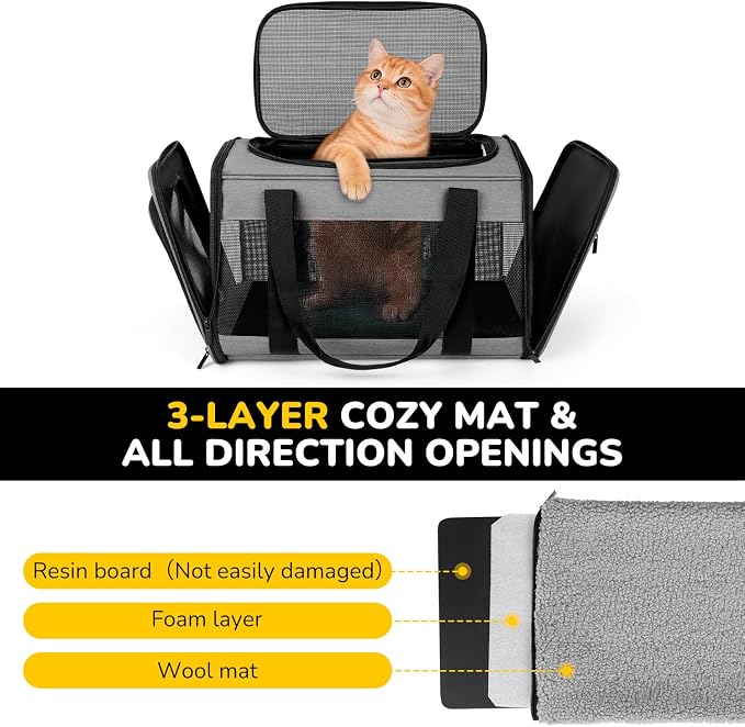 Hipubby Cat Carrier Dog Carrier for Pets Up to 16 Lbs, Soft-Sided Pet Travel Carrier for Cats and Small Dogs, Airline Approved Pet Carrying Case with Shoulder Strap & Removable Mat - Grey - Image 2