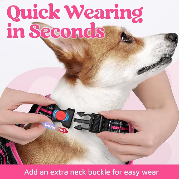 rabbitgoo Dog Harness for Large, No Pull 3 Buckles Easy On & Off | Soft Padded, Walking with Control Handle, Adjustable and Reflective, Black & Pink, X-Large - Image 2