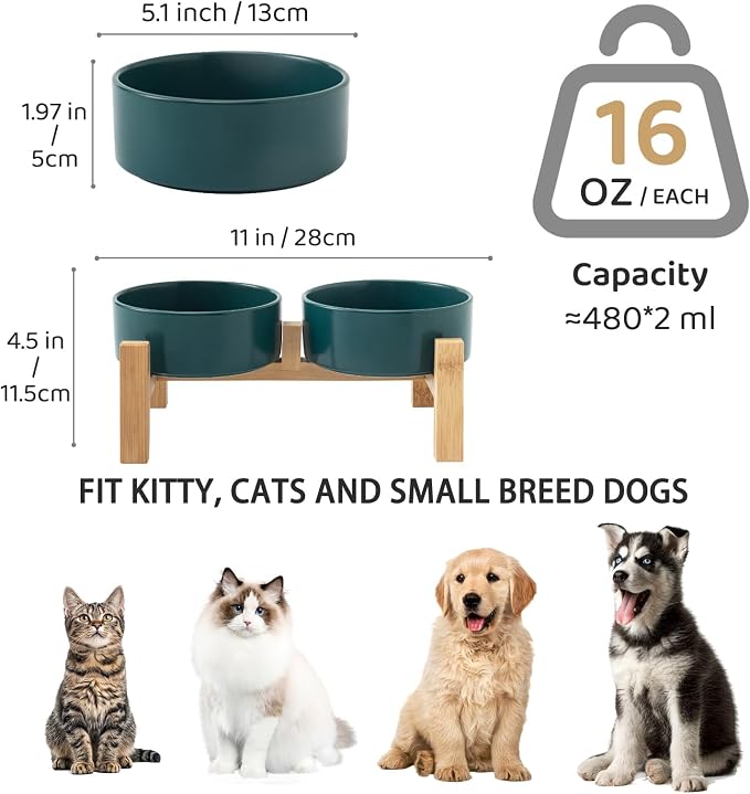 Elevated Ceramic Dog Bowl Set - Raised Dog Bowls with Non Slip Bamboo Stand, Food and Water Bowl Set for Kitty, Cats and Toy Breed Dogs, Pet Bowls, Weighted Dogs Dishes (5.1'', 2*16OZ, Green) - Image 3