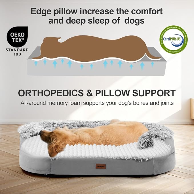iweepet Fluffy Calming Orthopedic Dog Beds for Large & Extra Large Dogs, Supportive Dog Sofa Bed with 3.7 inch 28D Egg-Crate Foam, Removable Washable Plush Cover, Waterproof Lining,44’’,Grey - Image 6
