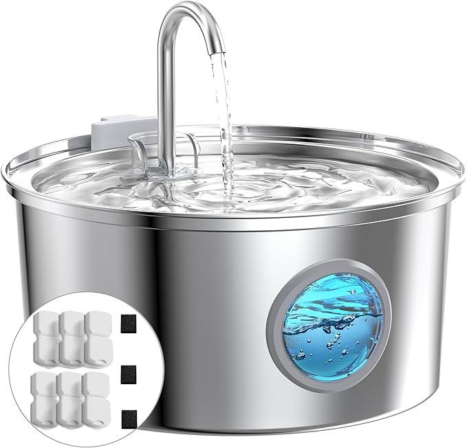 Cat Fountains for Drinking Stainless Steel: 108oz/3.2L Cat Water Fountain with 6 Filters + 3 Sponges - Running Pet Water Fountain Filtered - GIOTOHUN Faucet Like Pet Water Fountains for Cats Indoor by GIOTOHUNPetLife