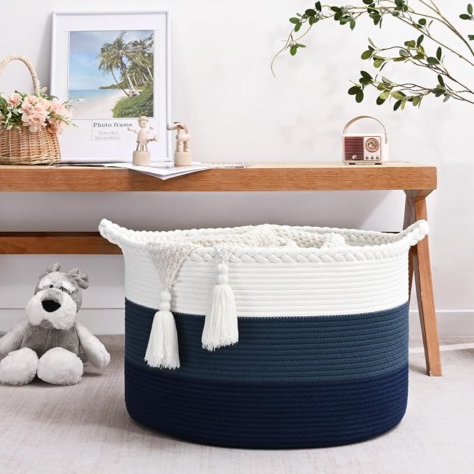 67L Large Woven Blanket Basket, Cotton Rope Baby Laundry Hamper with Handles, Kids Toy Basket for Classroom & Nursery, Soft Round Stuffed Animal Storage, Dog Toy Bin - 20"x13", Dark Blue - Image 2
