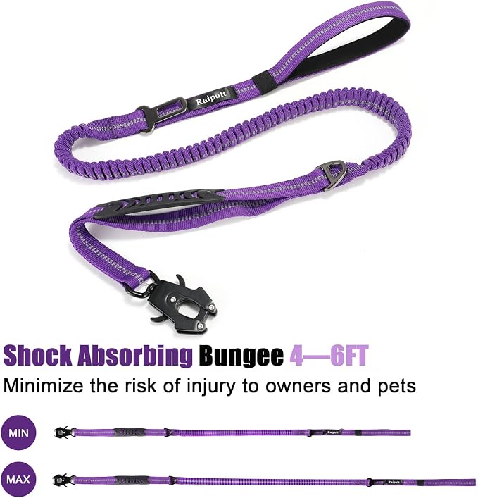 Raipult Tactical Shock Absorbing Bungee Dog Leash Heavy Duty, 4-6ft, Purple | for Large Dogs That Pull, Quick-Release Frog Clip, Dual Handles for Close Control, Car Seat Belt Clip, Reflective at Night - Image 4
