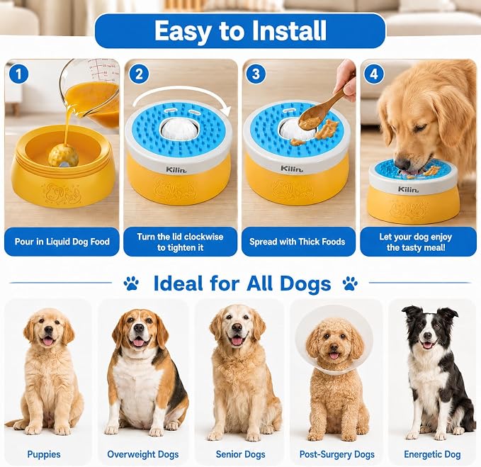 KILIN Slow Feeder Dog Licking Bowl with Rolling Ball,4 Non-Slip Pads,8fl oz | Dog Enrichment Toys for Dogs with Bone Broth, Yogurt and Wet Puppy Treat, Interactive Lick Ball for Dogs with Anxiety - Image 8