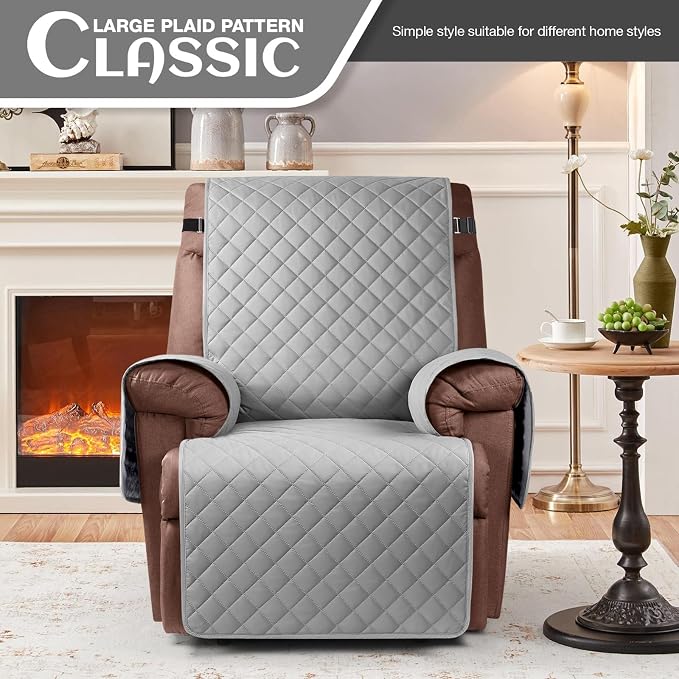 KinCam 100% Waterproof Recliner Chair Covers Washable, 23.6", Light Gray | Anti Slip Reclining Couch Covers for Pets Dog, Recliner Sofa Slipcover Storage Pocket, Furniture Protector with Elastic Strap - Image 2