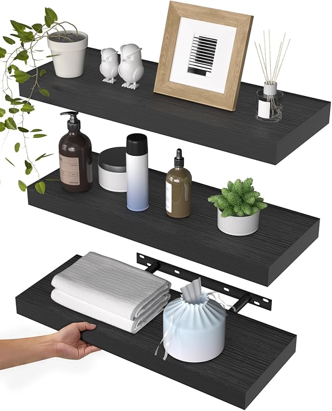 WALI Floating Shelves for Wall, 3 Tier Bathroom Storage Shelf Over Toilet, for Bedroom Bookshelf, Living Room Decor, Kitchen, Nursery, Laundry, Soundbar Floating Shelf Mount Under TV (CS103L), Black by WALI