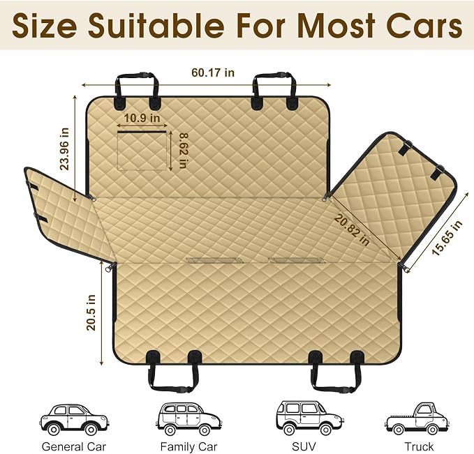NECKORY Waterproof Dog Car Seat Cover for Back Seat - Durable, Scratch Proof Pet Hammock with Nonslip Design & Storage Pockets, Fits Cars, SUVs, Trucks - L, Khaki/Black - Image 2