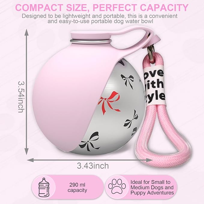 2 in 1 Portable Dog Water Bottle, 10 oz Leak-Proof Stainless Steel Bottle with Food-Grade Collapsible Silicone Bowl, Portable Hydration Gear for Walks, Hikes & Camping, Single Pink Printed Unit - Image 4