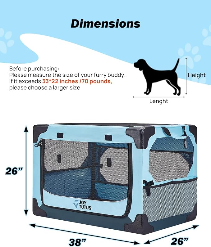 JOYTUTUS Collapsible Dog Crate, 38 Inch Portable Pet Crate for Car, Travel Dog Kennel Foldable Dog Crate for Large Dog 70lbs, Soft Cat Carrier Fit for Indoor & Outdoor/Trunk (Blue) - Image 2