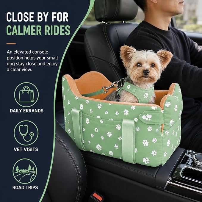 Dog Center Console Car Seat for Small Dogs Under 15lbs,Detachable Washable Booster Pet Car Seat Travel Bed with Storage Pockets and Seat Belt(Green) - Image 2