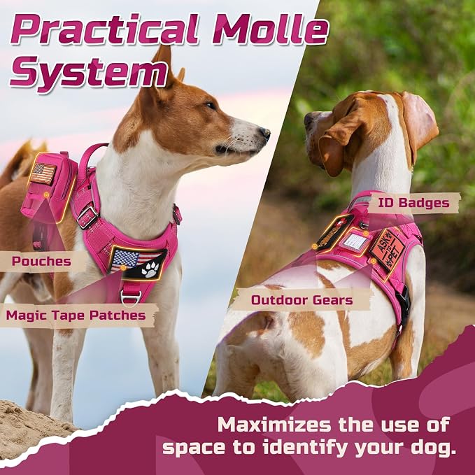 rabbitgoo Tactical Dog Harness for X-Large, No Pull Military Service Vest | Molle & Handle, Heavy Duty, Adjustable, Reflective Straps, Easy Control for Training Walking, Rose Red, X-Large - Image 3