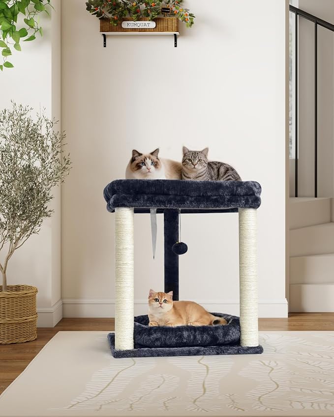 SYANDLVY Small Cat Tree for Indoor Cats with 2 Levels Perch Platforms | Natural Sisal Scratching Post Tower with Hanging Bell Ball & Anti-Tip Strap, Stable Cat Perch Furniture for Kittens, Smoky - Image 2