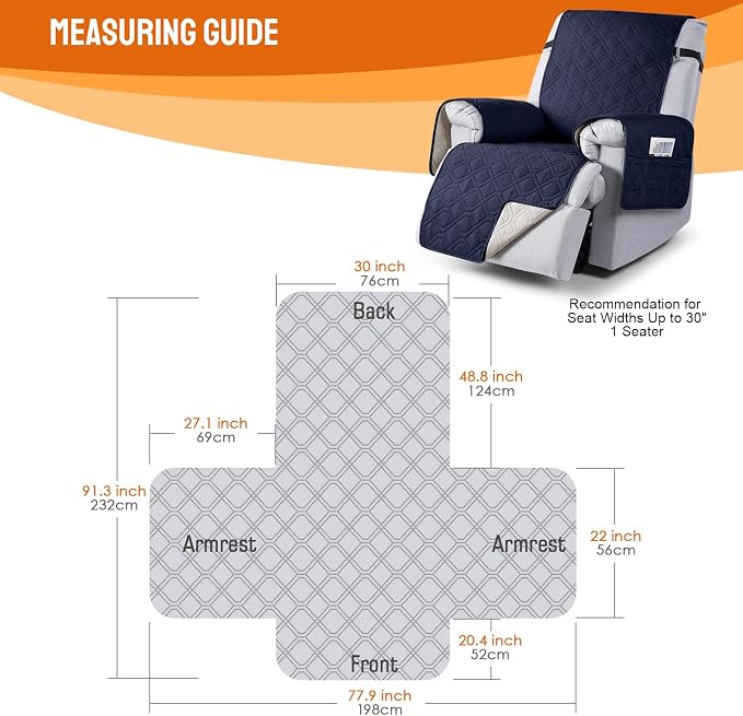 VANSOFY 100% Waterproof Recliner Chair Covers Washable, Dark Blue, 30" | Non-Slip, Slipcover with Pocket, Furniture Protector, Elastic Straps, Chair Cover for Pets, Dogs - Image 2
