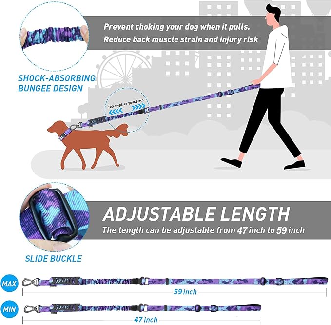 Hotsky Tactical Bungee Shock Absorbing No Pull Dog Leash,Purple Camo,4-6FT | Heavy Duty for Medium Large Dogs That Pull up to 660 lb,with Padded Double Handle ＆ Car Seatbelt,360°Rotating Locking Clasp - Image 6