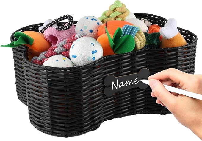 Pet Dog Toy Basket,Dog Bone Shape,Wicker Storage Bin for Dog Cat Toys with DIY Tag,Dog Toy Organizer Holder Boxes for Living Room,Handmade Poly Wicker Basket by Brabtod