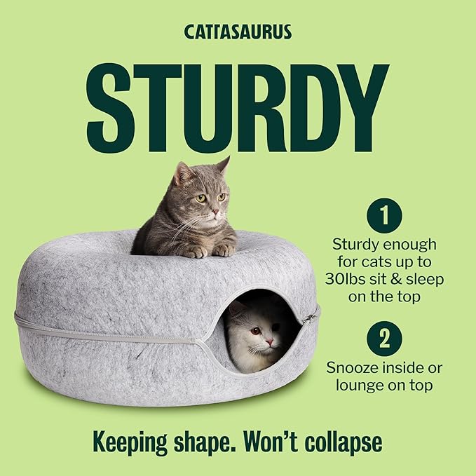 Peekaboo Cat Cave Donut for Multiple & Large Cats up to 30-45 lbs, 3-in-1 Self Warming Cat Bed, Tunnel & Scratcher for Indoor Cats, Washable & Detachable Small Dog Bed (Light Gray, Large) - Image 4