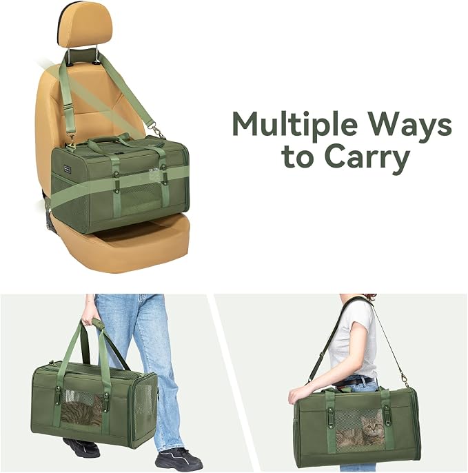 Petsfit 19x12x12 Pet Carrier for Large Cats (up to 20 lbs), Soft-Sided Small Dog Travel Carrier, Upgraded with Patented Buckle and Soft Padding, Ideal for Car Road Trips Green - Image 7