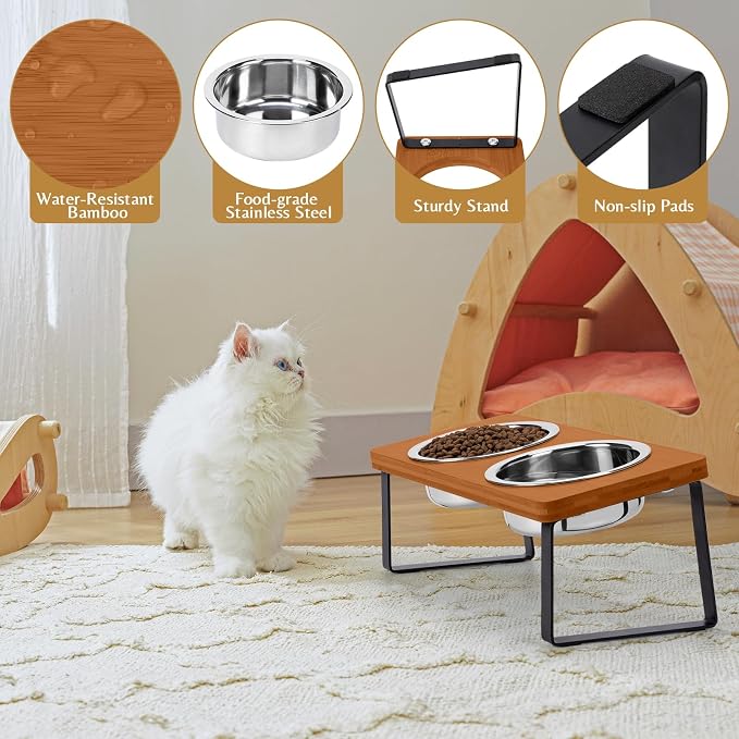Elevated Cat Food Bowl for Indoor Cat, Brown Raised Water Bowl Set for Pet | Whisker Friendly, Anti Vomit, Feeding Station for Puppy, Stainless Steel, Pet Dish, Easy Assembly, Bamboo, Dishwashers Safe - Image 5