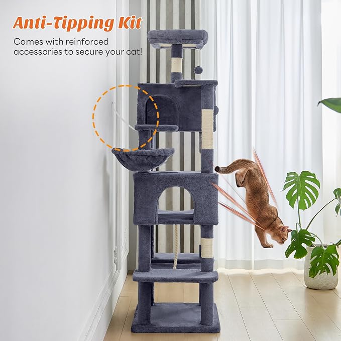 DUMOS Large 66 Inch Cat Tree Tower with Scratching Posts, Indoor Use | Tall Multi Level Cat Climbing Tower with Hammock, Pet Condo for Cats and Kittens Play, Dark Grey - Image 6