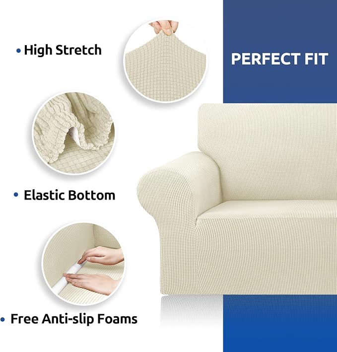 KEKUOU Stretch Loveseat Couch Cover, 2 Cushion Couch Slipcover,Beige | 1-Piece Washable Sofa Cover Pet Friendly (55"-78") Furniture Protector Soft Jacquard, Elastic Bottom for Dogs & Kids - Image 6