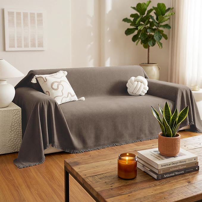 Chenille Couch Cover for Dogs Washable Boho Throw Blanket Washable | 71"×150",Coffee, Soft Chenille, Tassel Design, Pet Friendly, Furniture Protector, for Couch, Sofa, Bed, Living Room - Image 2
