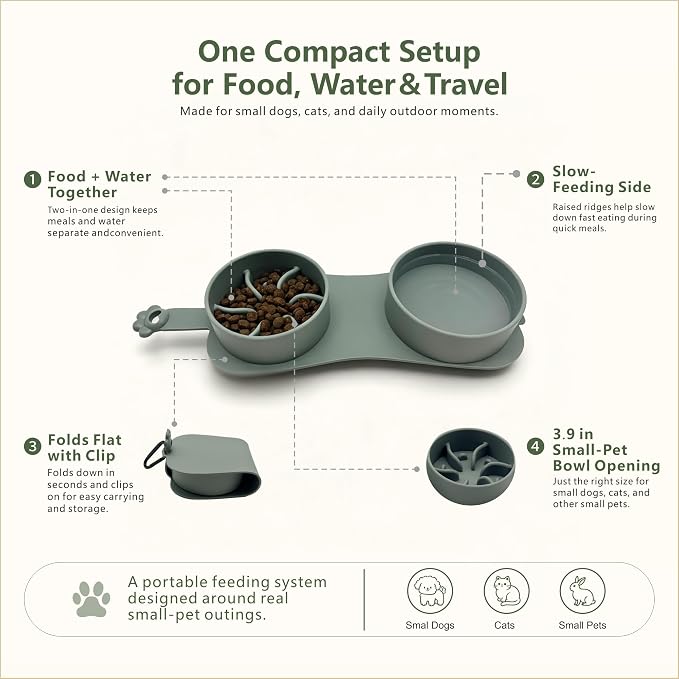 Portable Collapsible Travel Double Bowl for Small Dogs Up to 10 lb | Silicone bowl with a slow feeder side and carabiner. Unique design avoids onsite cleanup. Pour out water, close it and go - Image 7