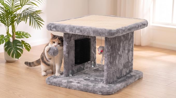 Large Cat Bed with Scratching Post and Combing Board, Sturdy and Durable, Ideal for Small Breeds | Large plush cat tunnel with a removable sisal scratch pad, grooming brush, hanging toys, and spacious hideaway for cats. - Image 6