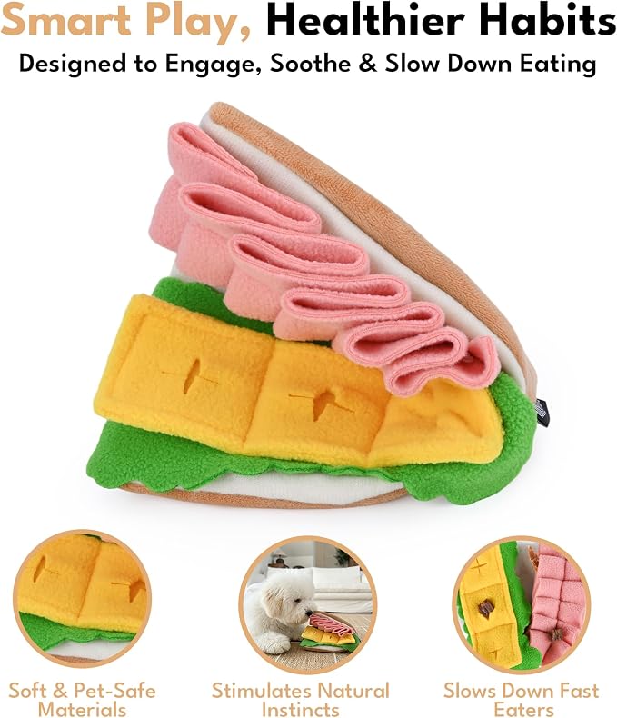CHEWFFON Interactive Dog Toy, Multi-Layer Treat Hiding Nose Work Game | Half Sandwich Design, Crinkle Plush Snuffle Toy with Treat Pockets, Enrichment Puzzle Toy for Small & Medium Dogs - Image 3