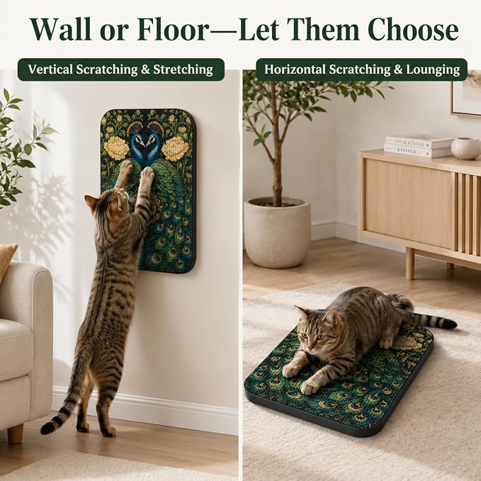 Cat Wall Scratcher, Art Cat Scratching Board for Indoor Cats | Wall Mounted Cat Scratch Pad, Water-Based Ink, Hook&Loop Strips, Floor or Wall Use, 16.7x11x1 Inch, Peacock 1 - Image 5