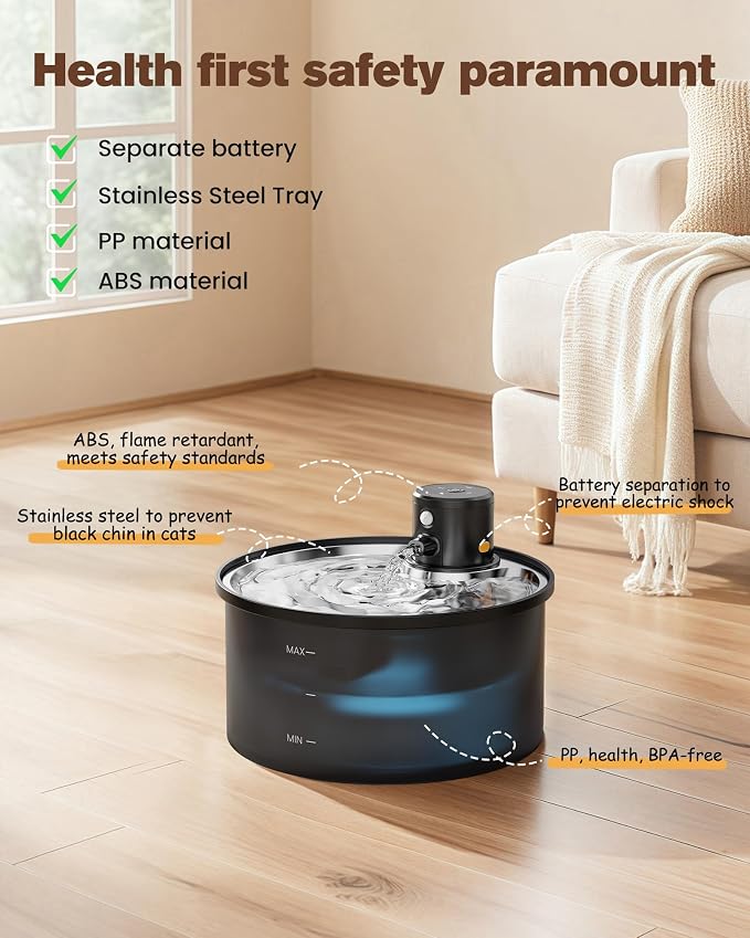 Battery Operated Cat Water Fountain: Wireless Pet Fountain with Filter | 108oz/3.2L Cordless Cat Dispenser with Motion Sensor Rechargeable Automatic Drinking Fountains for Cats Indoor -Plastic model - Image 9