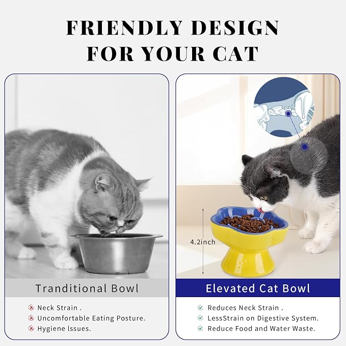S&Q's CERAMICS Raised Slow Feeder Cat Bowl, Ceramic Elevated and Titled Pet Food Bowl, Small Dogs Slow Feeder, Flower Shaped Dish for Dry and Wet Food (Blue, 5.8") - Image 5