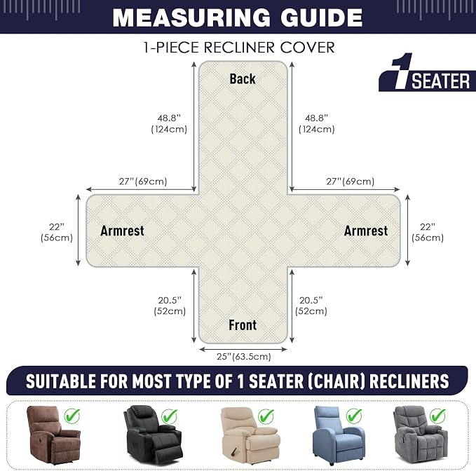 TAOCOCO 100% Waterproof Recliner Chair Covers, Non Slip Recliner Covers for Recliner Chair with Pocket, Washable Reclining Chair Cover Furniture Protector for Kids,Dogs(25'', Navy Blue) - Image 2