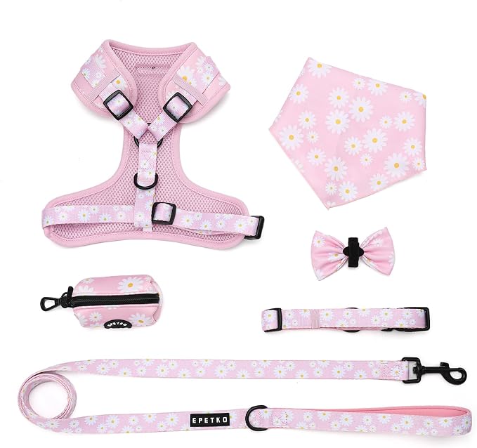 Small Dog Harness and Leash Set of 6, No Pull Soft Lightweight Mesh Puppy Harness， Adjustable Cute Floral Pattern Pet Harness for Small Medium Dogs (Pink Flowers, S) - Image 2