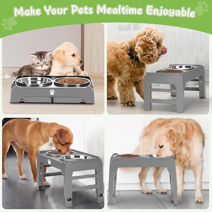 Elevated Raised Dog Bowl Stand with 2 Stainless Steel Bowls, Adjustable Height for Medium Large Dogs, 12.36" - 3.7" Foldable Feeder, Grey - Image 8