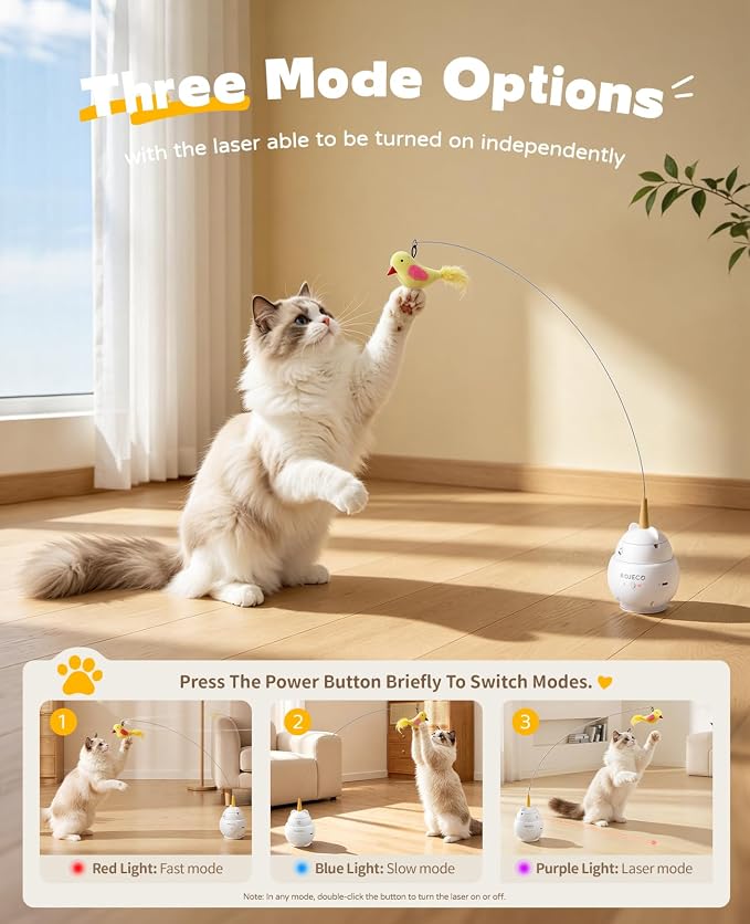 ROJECO Interactive Cat Toys,2 in 1 Automatic Cat Toy with Flying Bird | 360°Rotation/3 Operating Modes/Customizable DIY/Suction Cup/800mA Battery/TypeC Rechargeable/Removable Clean/Service Warrant - Image 3