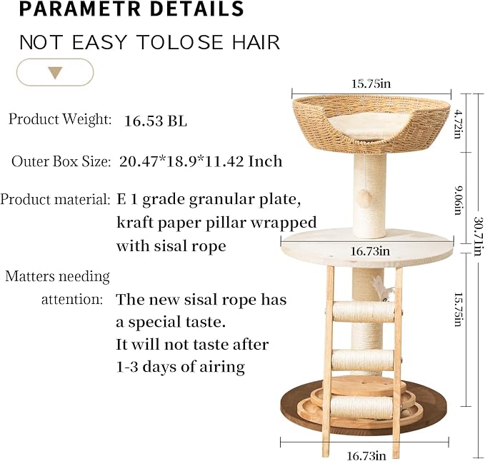 Modern Cat Tree for Indoor Cats, 30 in Cat Tower with Basket Bed | Interactive Play Base, 8cm Thick Sisal Scratching Posts, Climbing Ladder, Teaser Toy, Replaceable Cooling & Plush Mats - Image 7