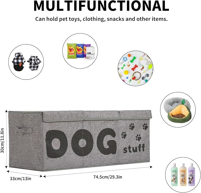 Qozary Dog Toy Storage Box - 3 Grids Large Dog Toy Basket and Storage Bin With Lid for Pet Supplies, Perfect To Keep Everything Organized - Image 3