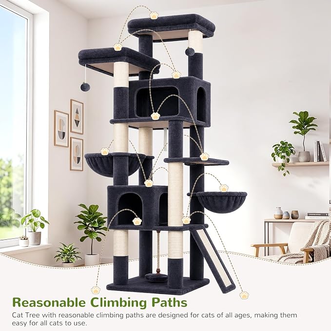 Globlazer 75in Tall Cat Tree Tower for Indoor Cats, F75B, Dark Grey | Large Cat Tree for Indoor Cats Large Adult, Multi-Level Cat Tower with 7 Scratching Posts, 2 Cat Condos, 2 Top Perches - Image 7