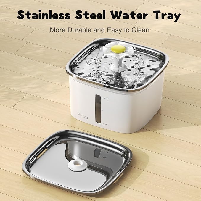 Veken Innovation Award Winner 95oz/2.8L Cat Water Fountain | Automatic Pet Fountain Dog Water Dispenser with Stainless Steel Lid, Replacement Filters & Silicone Mat Included (Silver) - Image 3