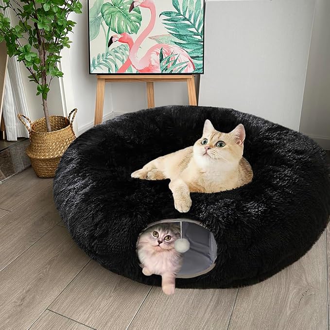 Cat Bed Tunnel Tube Toy Black Plush | Round, Collapsible Pet Tunnels for Indoor Cats, Interactive Toys Play Tubes with Hanging Ball for Kitten, Puppy, Rabbit - Image 3
