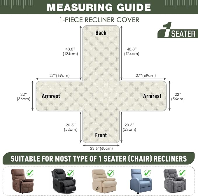 TAOCOCO 100% Waterproof Recliner Chair Cover, Non Slip Recliner Covers for Recliner Chair with Pocket, Washable Reclining Chair Cover Furniture Protector for Kids,Dogs(23.6'', Bean Green) - Image 3