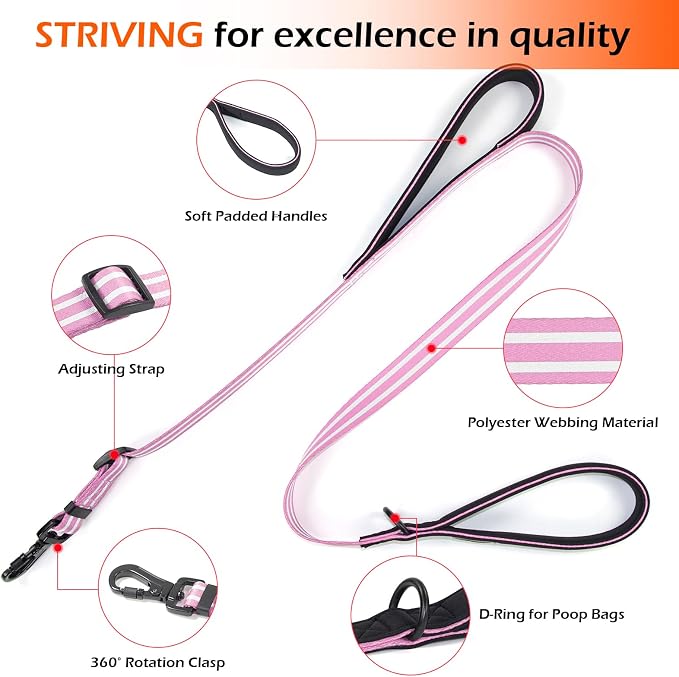 Double Handle Dog Leash for Large Dogs, Heavy Duty Adjustable Leash with Soft Padded Handles, Traffic Control Training Lead for Walking, Running (Purple & White Stripe, 4 ft) - Image 2