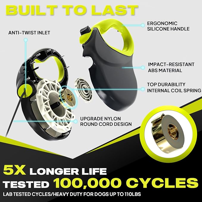 Fida Upgraded Retractable Dog Leash, 30ft, Heavy Duty, Neon Yellow | Long Walking Leash for Medium/Large Dogs up to 110 lbs, 360° Tangle-Free, Soft Grip, One-Hand Brake - Image 3