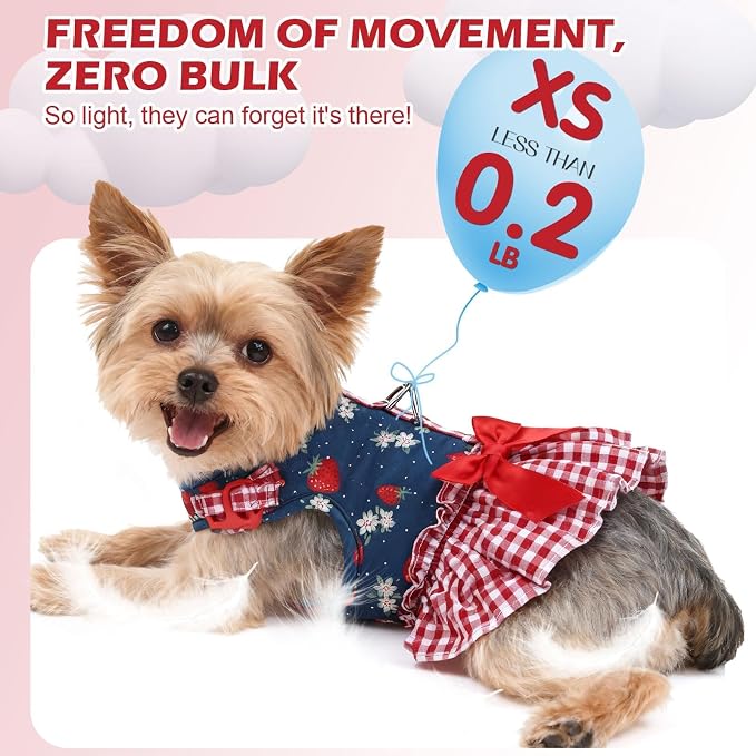 EXPAWLORER Dog Harness Small Medium Sized Dogs, No Choke No Pull Mesh Vest | Strawberry Dog Dress Bowknot Harness & Leash Set Soft Cute Princess Puppy Outfits Clothes Costume for Girls Party Cat Navy XS - Image 5